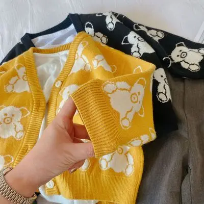 

Fashion Sweaters For Kids Autumn Children Jacket Cute Knitted Sweater Boy Girl Clothes Cartoon Bear Print Cardigan Baby Jacket