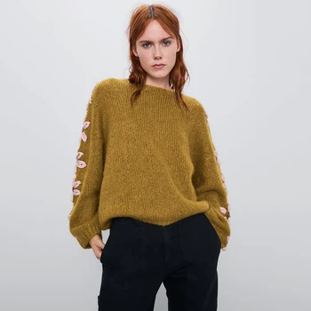 

ZA 2019 New Women Sweater Winter Yellow Knitted Sweater Oversize Flower Decoration Sleeve Sweater Casual Fashion Women Tops
