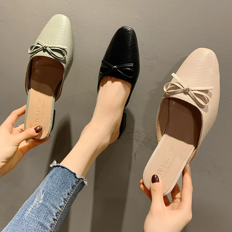 Мюли женские кожаные полутапочки квадратный низкий каблук бант модная