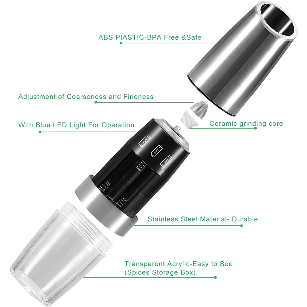 Электрическая мельница для перца с контролем силы тяжести, прочная нержавеющая сталь, большая емкость, солевые специи, шейкер с синим светодиодный светильник
