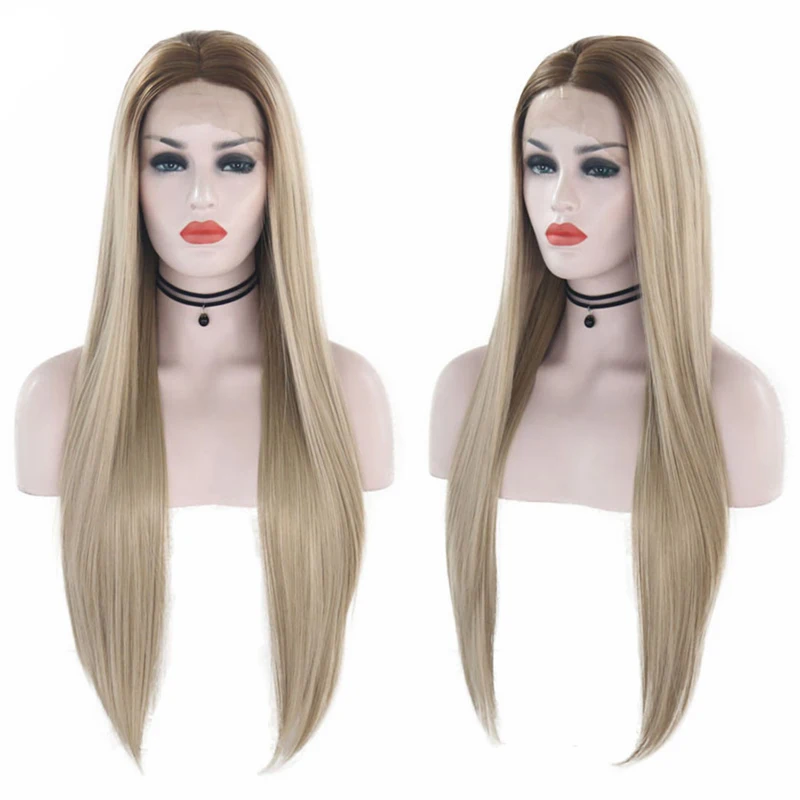 

RONGDUOYI Ombre Color Straight Synthetic Lace Wigs for Women Heat Resistant Fiber Brown Roots/Blonde Lace Front Wig Middle Part