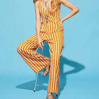 

2019 High Quality Cotton Long Jumpsuit Lot Deep V Backless Loose Striped Summer Beach Loose Female Jumpsuit Yellow
