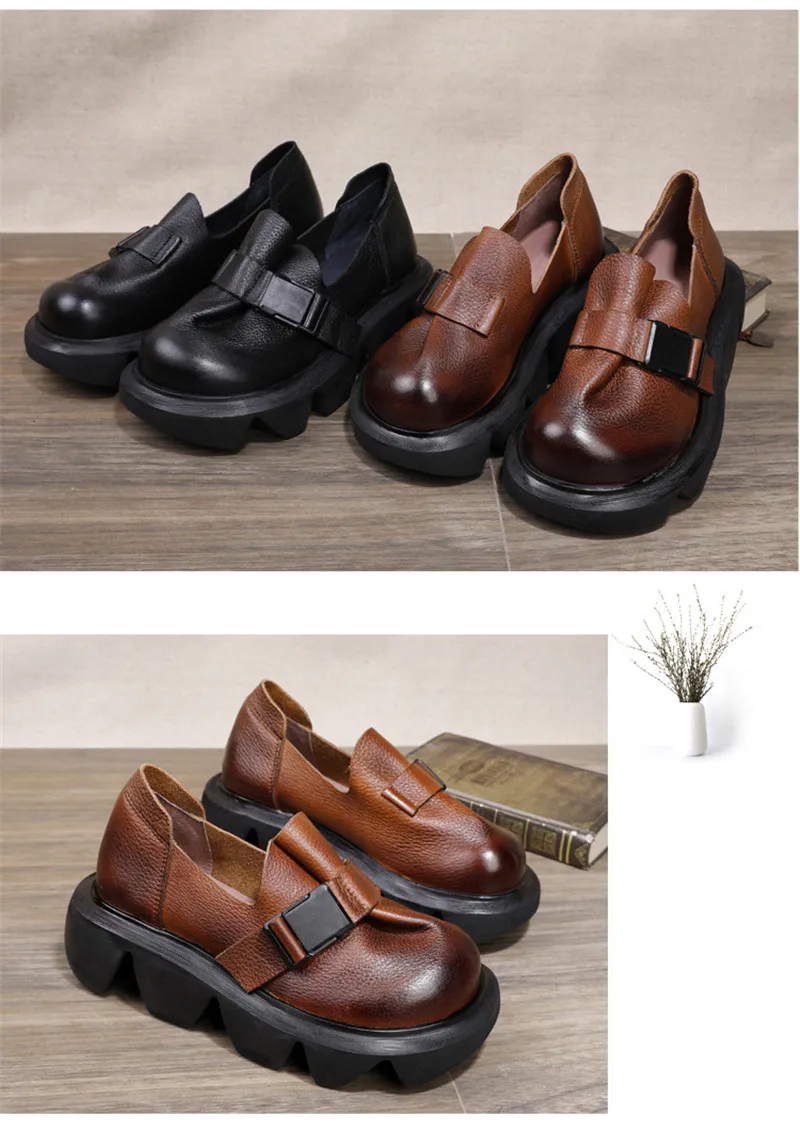 2020 Thick-Soled Platform Wedges High Heel Shoes Women Creepers Retro Genuine Leather Buckle Handmade Pumps Women Harajuku Shoes (15)