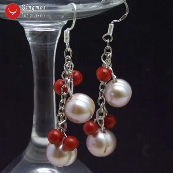 

Qingmos Natural Purple Freshwater Pearl Earrings for Women with 10-11mm Potato Pearl and 5-6mm Red Coral Earring Dangle Earring