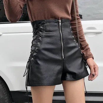 

Punk Sexy PU Leather Shorts Women Lace Up Streetwear Zipper Korean Fashion Gothic Black Club Hot Shorts High Waist Summer 2020