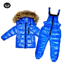 Костюм на утином пуху для мальчиков, теплый зимний комплект для детей на температуру до-30 градусов, зимняя куртка для девочек с капюшоном+ утепленный комбинезон, длинные пальто для малышей