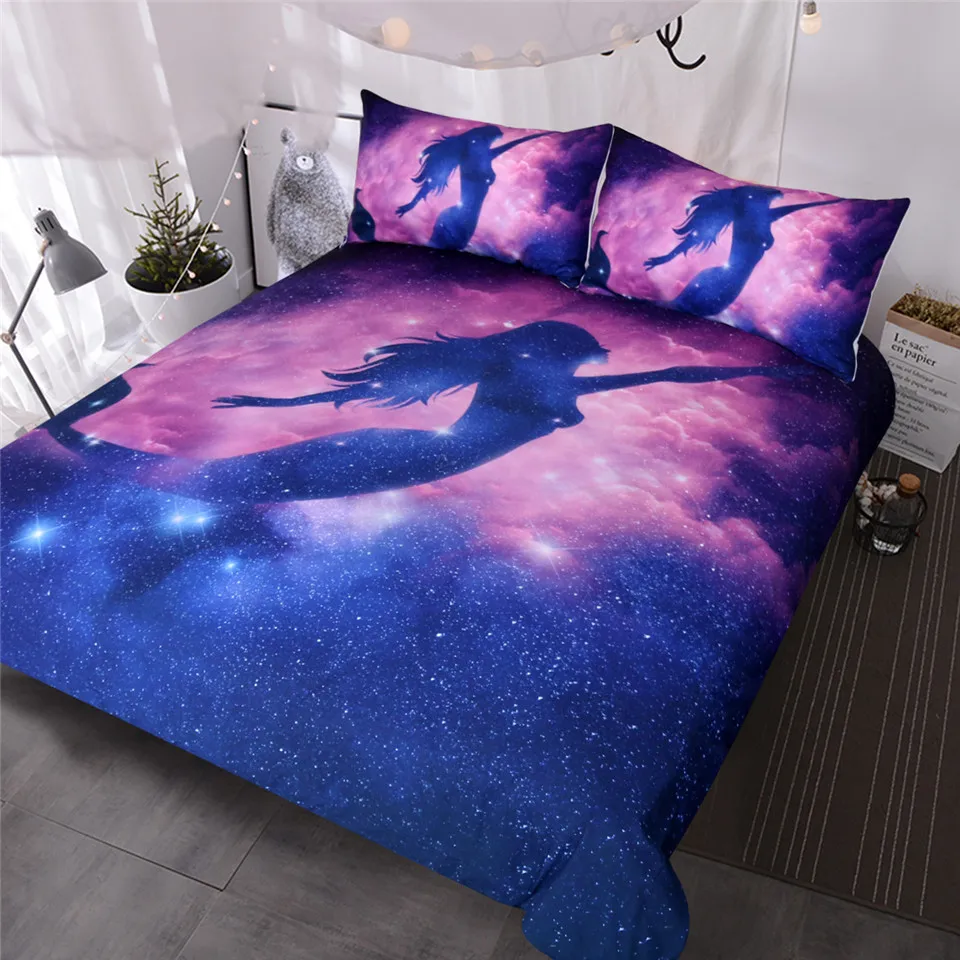 

HM Life Bedding Set Galaxy Mermaid Girly Psychedelic Space Stars Bedclothes Pink Purple Sparkly Nebula 3-Piece Duvet Cover Set