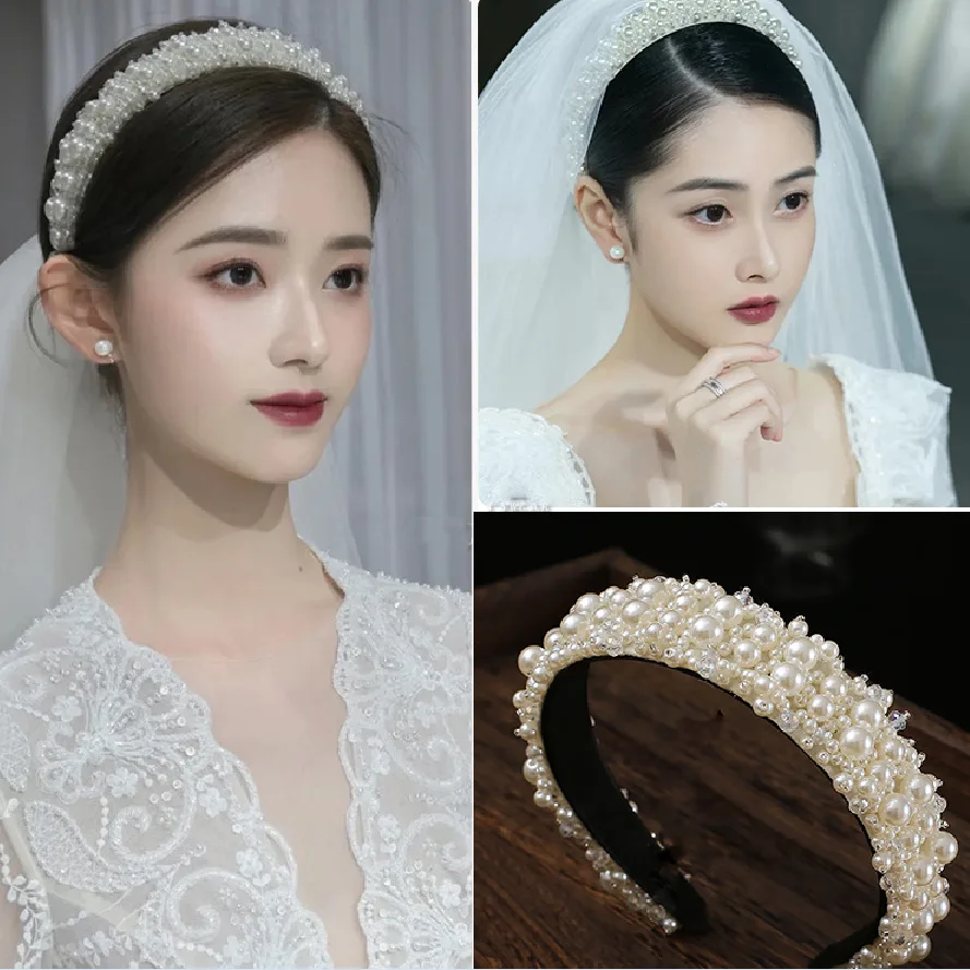 European and American Bride Pearl Headdress Celebrity Style Crystal Wide Hair Band Retro All-match Wedding Accessories