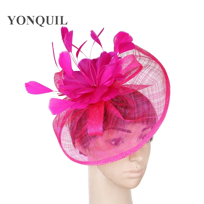 hot pink Высококачественный головной убор Sinamay Свадебная женская шляпа-федора с причудливым пером украшение из цветов элегантное дамское торжественное платье heawear - Цвет: hot pink