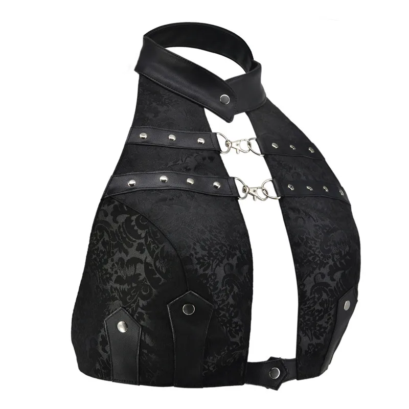 Black Leather& Brocade Halter Backless Sexy Steampunk Outfit Punk Rock Clothes Women Vintage Gothic Tops Victorian Accessories