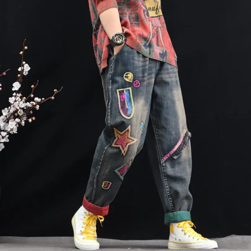 На осень-зиму Винтаж джинсовые штаны с вышивкой для женщин свободные размера плюс джинсы с высокой талией для женщин шаровары Штаны p178