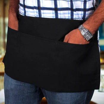 

3 Pockets Waist Apron Black Half Apron Catering Baking Bar Hotel Waiter Kitchen Home Apron Cotton Short Wais