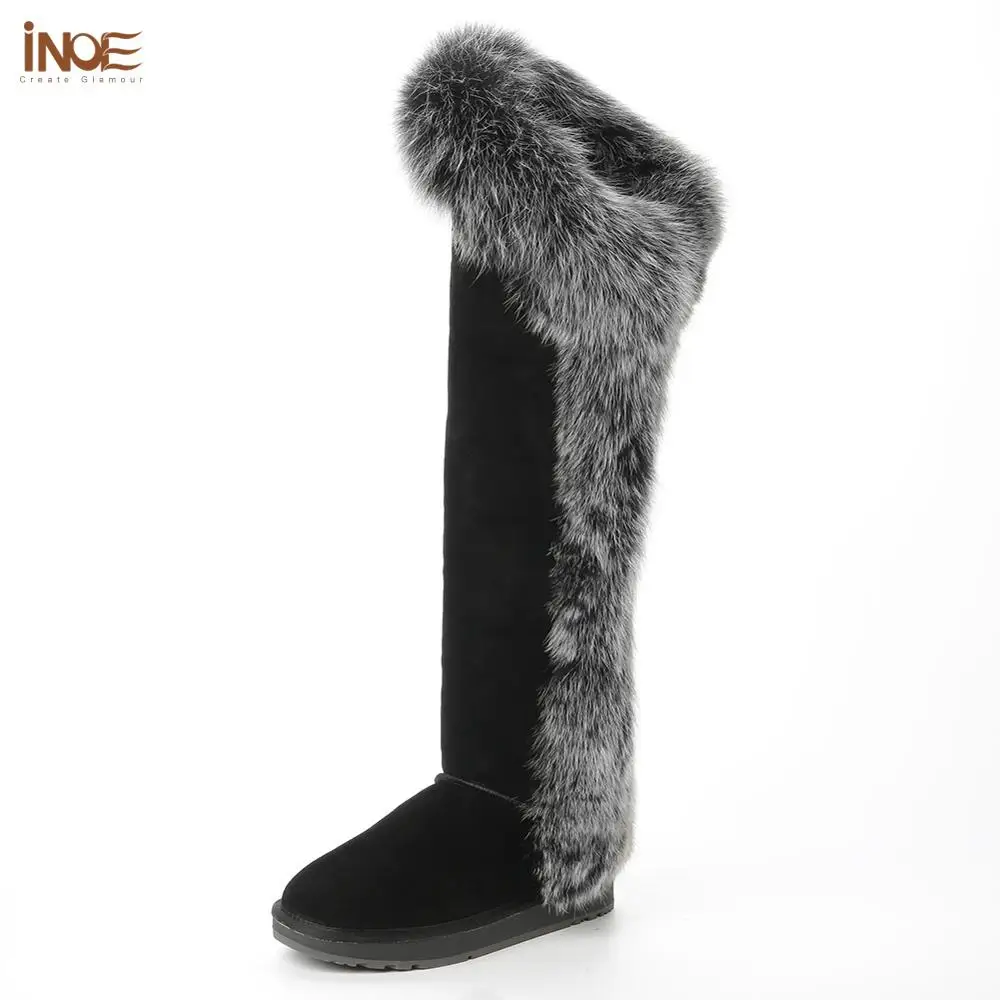 INOE Новые Роскошные Длинные зимние женские сапоги выше колена с мехом песца из