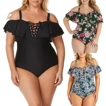 

2020 One Piece Swimsuit Women Plus Size Ruffle Flounce Off Shoulder Swimwear Printed One-Piece Swimsuits traje de ba o mujer