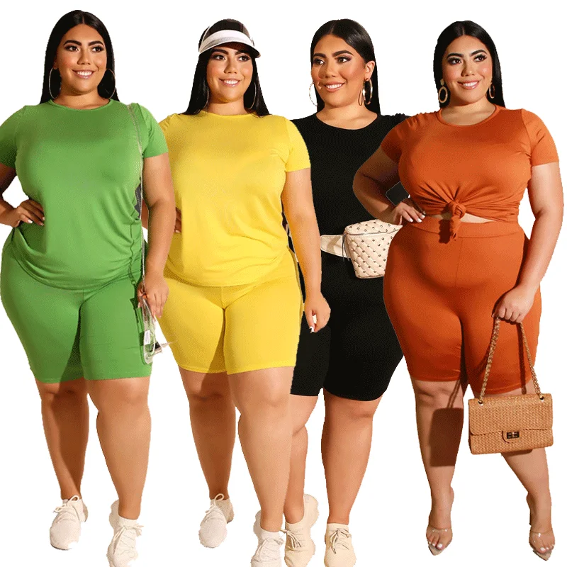 Conjunto de dos piezas de ropa de talla grande para mujer, pantalones cortos sólidos de manga corta, conjunto de Top corto, pantalones de cintura elástica, 4xl, venta al por mayor