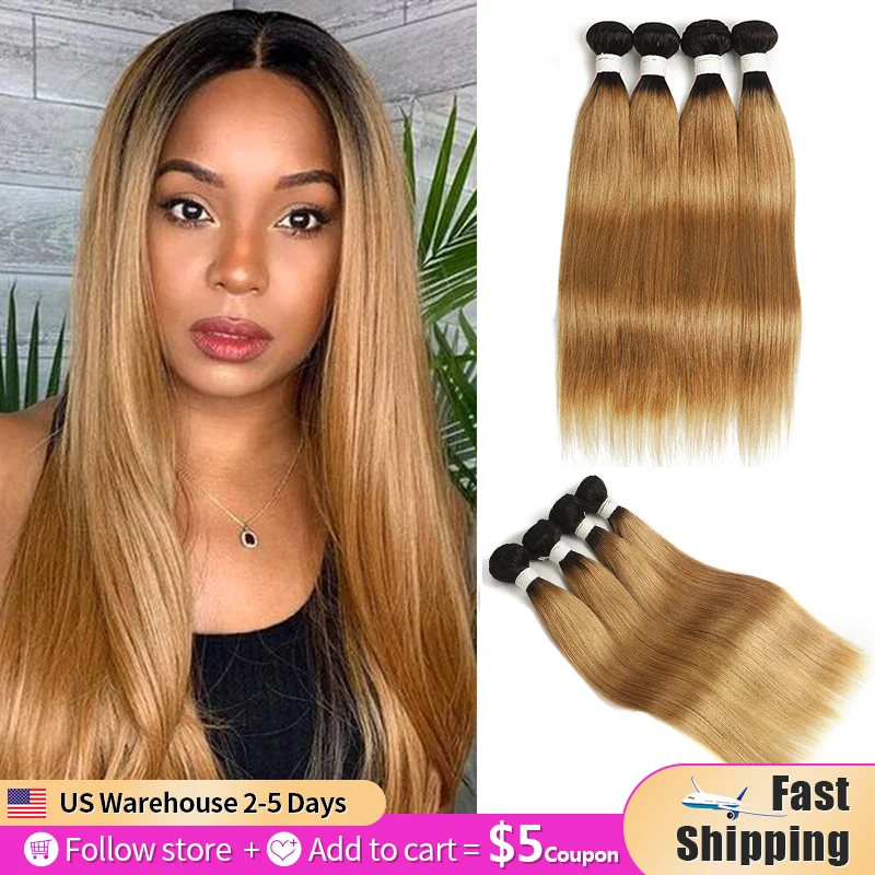 T1B/27 Honey Blonde Human Hair Bundles 1/3/4PC Brazilian Straight Ombre Hair Weave Bundles 8-26Inch Non-Remy Hair Extension SOKU