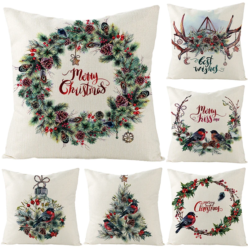 45X45CM Linen Christmas Pillows Case Bird Trees Garland Floral Sofa Print Cushion Livingroom Couch Decorative Throw | Дом и сад