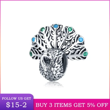 

LByzHan Cute 3D Opening Peacock Metal Beads Charm fit Luxury Brand Original Silver 925 Bracelet Bangle 3mm Jewelry CMC1260