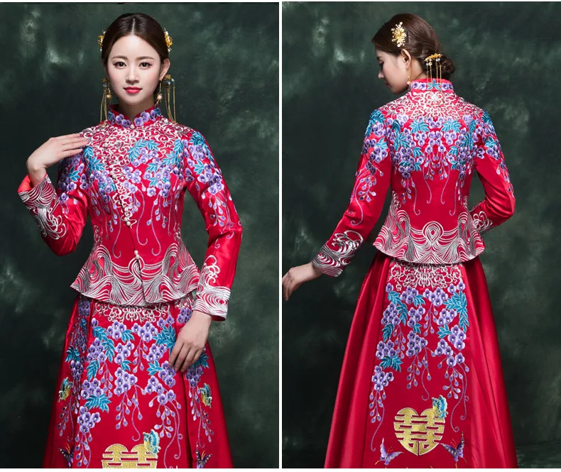 Chinese Traditional Wedding Dress Bride New Style Spring Summer Red Retro Chinese Style Marriage Slimming Dress for Toast