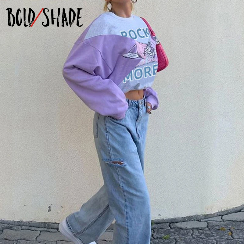 Bold Shade Color Blockiing 90s Harajuku Sweatshirt Y2k Violet Letter Printed Hoodies Women Fashion Skater Girl Style Sweatshirts Hoodies Sweatshirts Aliexpress