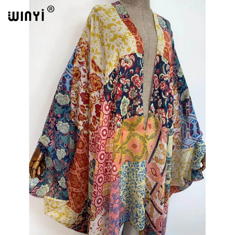 Kimono Dress Kaftan Bikini Cover-up Swimwear America Women Clothes Coat African Floral Printed Front Open Africa Robe Muslim