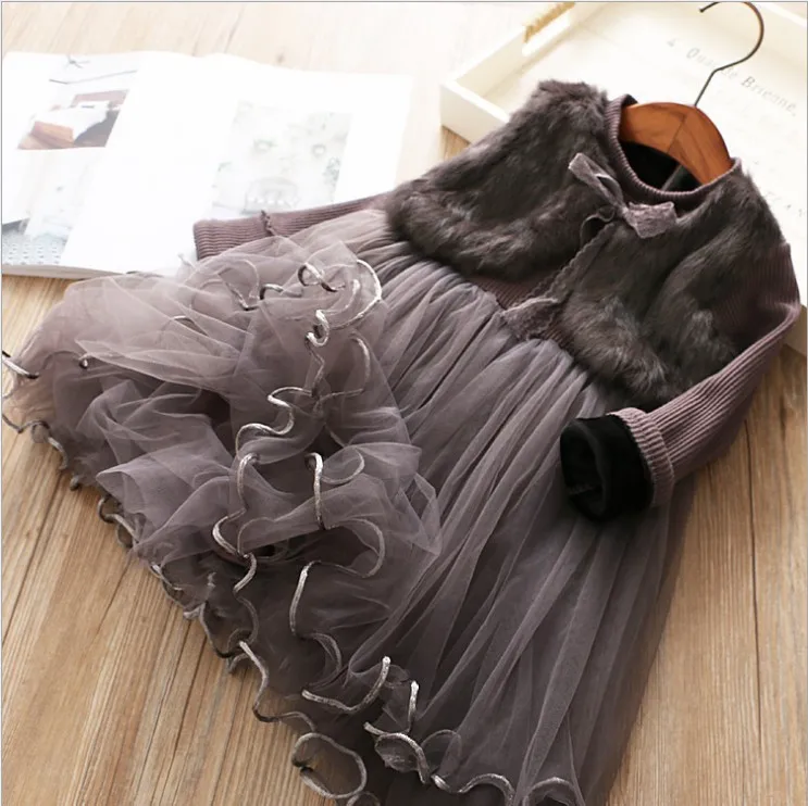Детское платье с искусственным мехом для девочек; зимняя одежда; комплект из 2 предметов; куртка с искусственным мехом; платье-жилет; плотная флисовая одежда принцессы; повседневная одежда