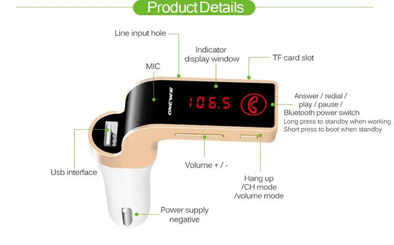 Onever 4 в 1 беспроводной Bluetooth fm-передатчик модулятор Автомобильный комплект MP3 плеер SD USB lcd Автомобильный музыкальный плеер G7+ AUX