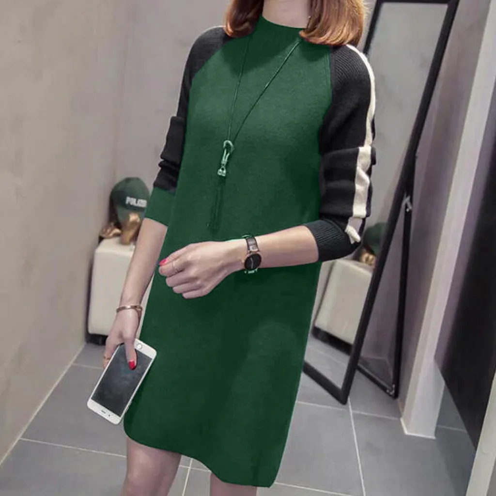 Autumn Winter Women Long Sleeve Patchwork Knit Cardigan Jumper Dress Tops Loose Casual Sweater Dress Plus Size 3xl#J30