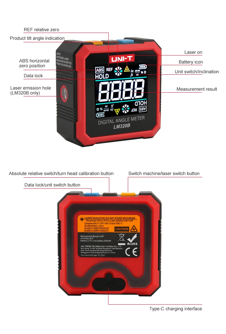 UNI-T LM320A LM320B Electronic Angle Meter Digital Protractor Magnetic Inclinometer Angle Tester Bevel Box Backlight self centering tape measure