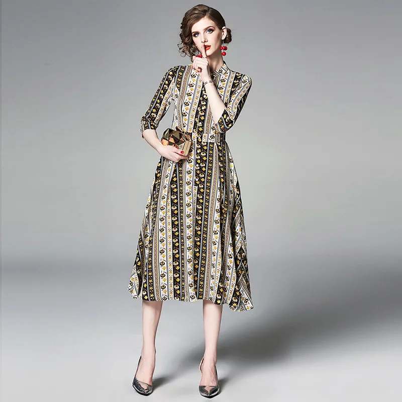 

Women Spring Summer Dress 2019 Vintage Stand Fashion 3/4 Sleeve Striped Elegant Dress A-line Vestidos de verano robe