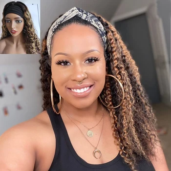 

Brazilian Kinky Curly Wig For Women Human Hair Headband Wig Remy Machine Made Human Hair Wigs Glueless Highlight Ombre Color