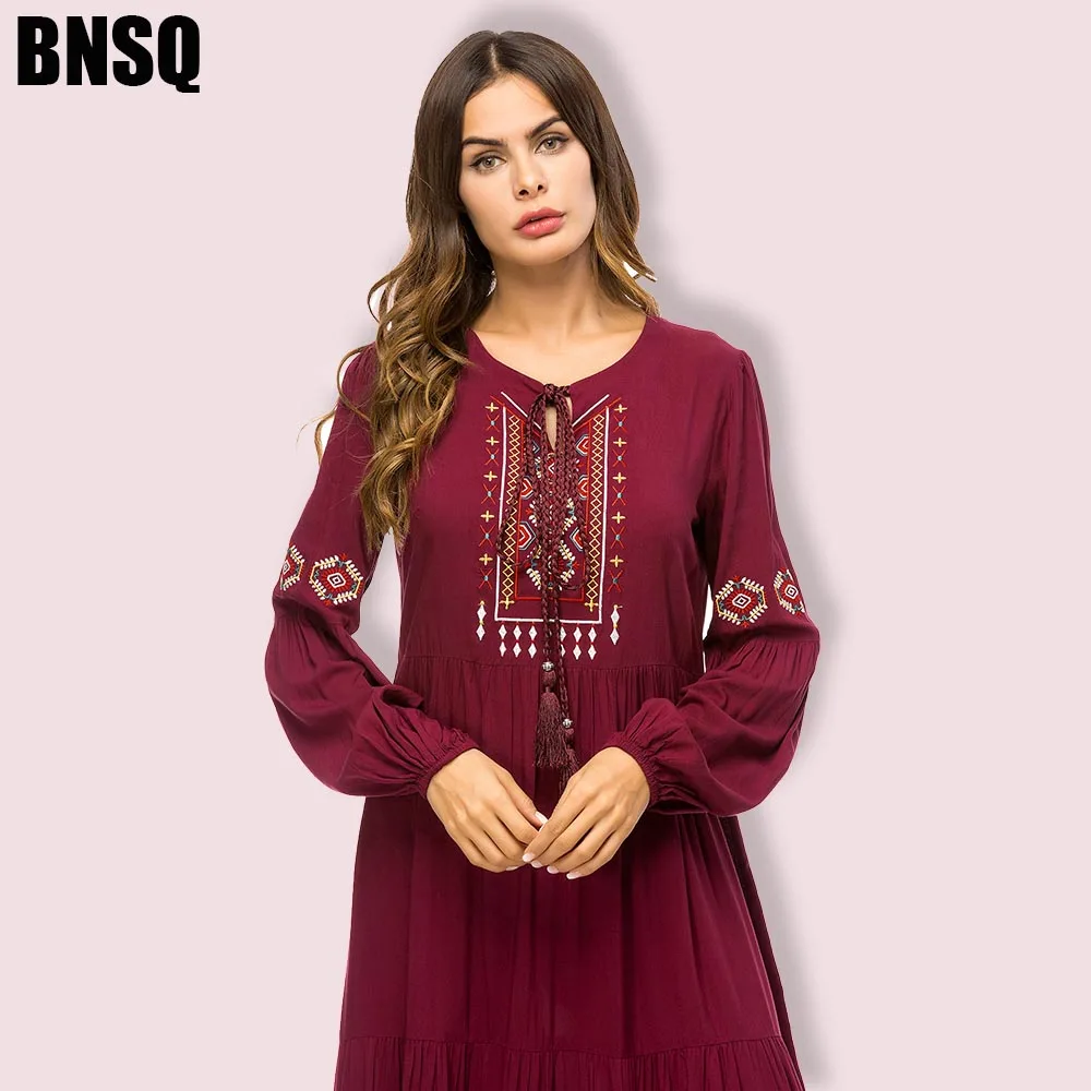 BNSQ модное простое вышитое платье мусульманское abaya свободное Макси платье