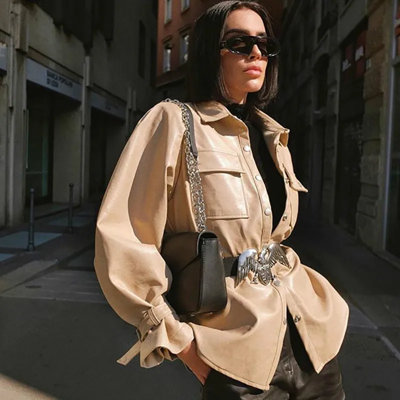 Street Fashion Cool Ladies Quality Khaki Jackets Women Pockets Belt Long Sleeve Turn Down Collar Long Coat Windbreaker Tops
