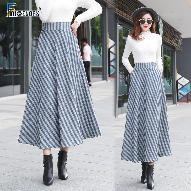 Зимние юбки Женская мода полосатая высокая эластичная талия синяя юбка длинная