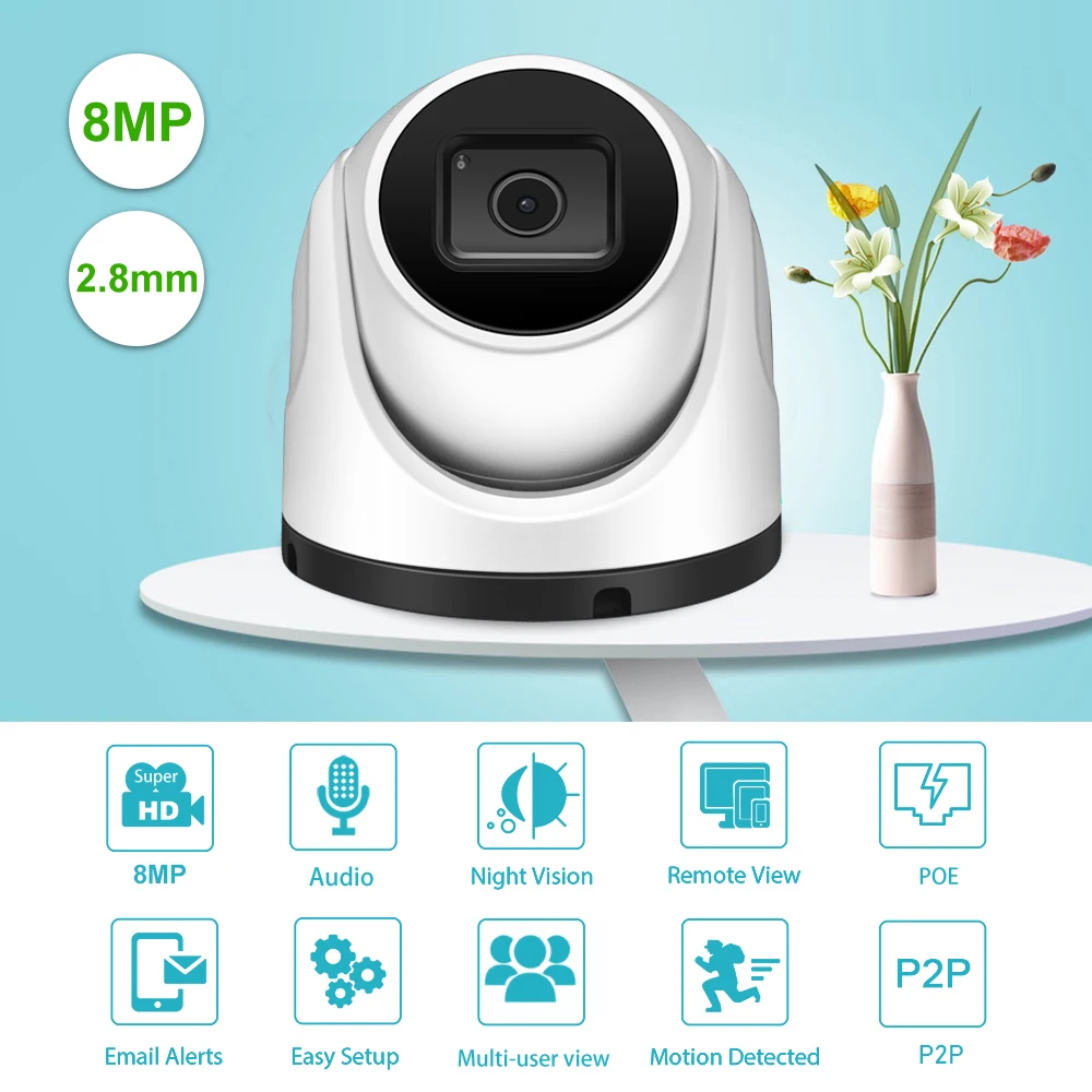 Gadinan 4K 8MP SONY IMX415 POE IP Camera P2P Outdoor Audio Dome Video SD Card Slot 2.8mm  Surveillance Metal CCTV Camera night vision cctv camera