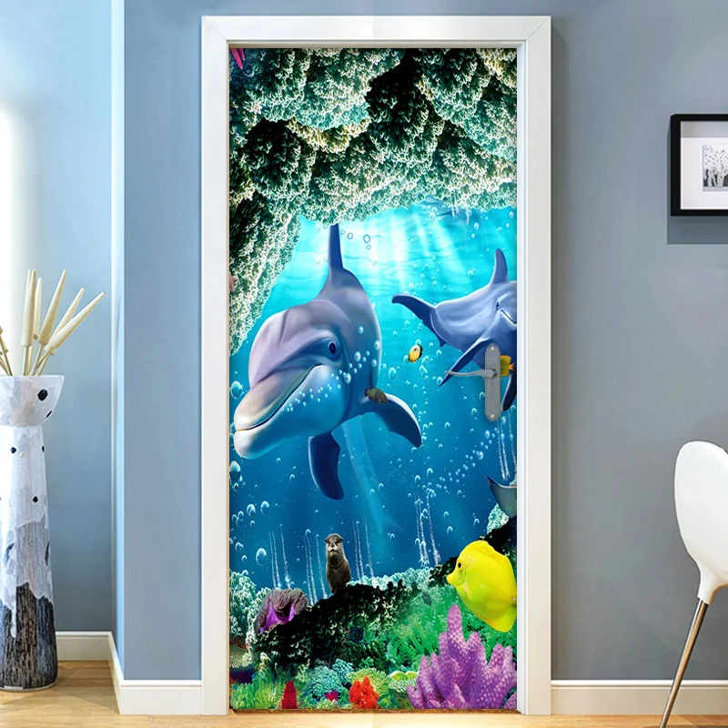 Dolphin Seascape 3D Door Stickers Home Decor Modern Kids Room Bedroom Door Decoration Sticker Wall Mural Wallpaper Waterproof