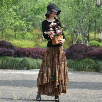 

TIYIHAILEY Free Shipping Long Maxi A-line Elastic Waist Women Summer Cotton Linen Chinese Style S-2XL Flower Print Brown Skirts