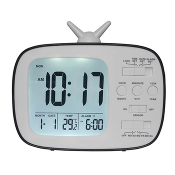 

LED Digital Alarm Clock with Night Light Thermometer Calendar Alarm Clock Desk Display Smart Light-Sensitive TV Shape Clocks