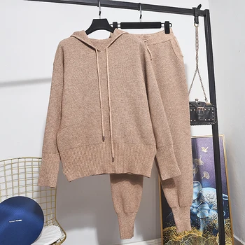 

Black Gray Tracksuit Ladies Sets Loose Long sleeve Hooded Knitted Sweater Long Pencil Pants Two Piece Set Women Sports Knit Suit