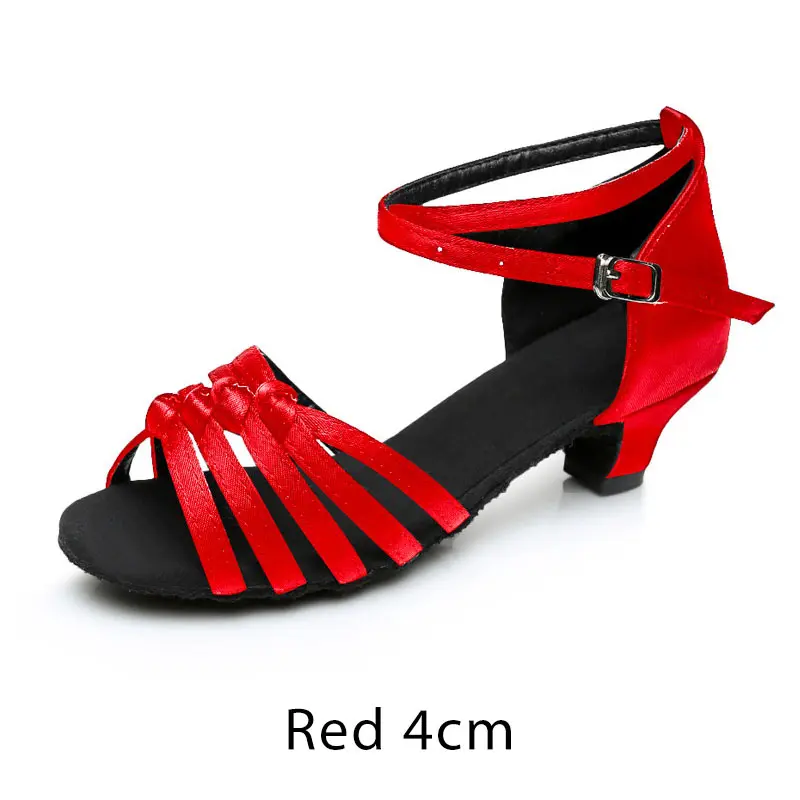 Red 4cm Новинка; детская обувь для латинских танцев; Танцевальная обувь для девочек; Обувь для бальных танцев; Танго; Сальса; высокое качество; детская атласная обувь из искусственной кожи на низком каблуке 4 см; 12 цветов; - Цвет: Red 4cm
