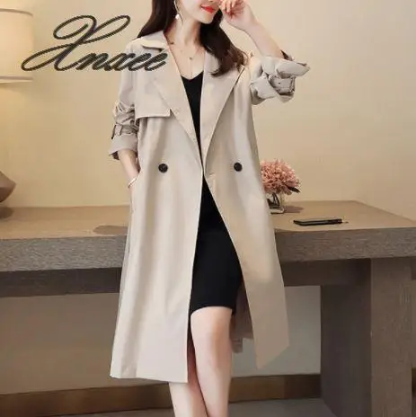 

2020 autumn new women's loose thin windbreaker solid color long section fairy stitching corrugated windbreaker Xnxee