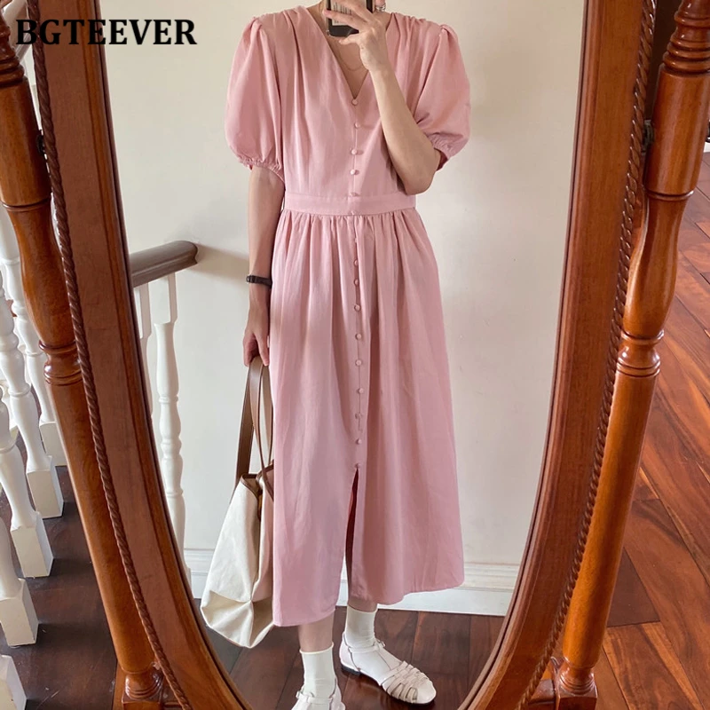 BGTEEVER Casual V-neck Single-breasted Mid-length Dress Women Summer Short Sleeve A-line Slim Waist Female Dress Vestidos 2020 BGTEEVER Casual V-neck Single-breasted Mid-length Dress Women Summer Short Sleeve A-line Slim Waist Female Dress Vestidos 2020