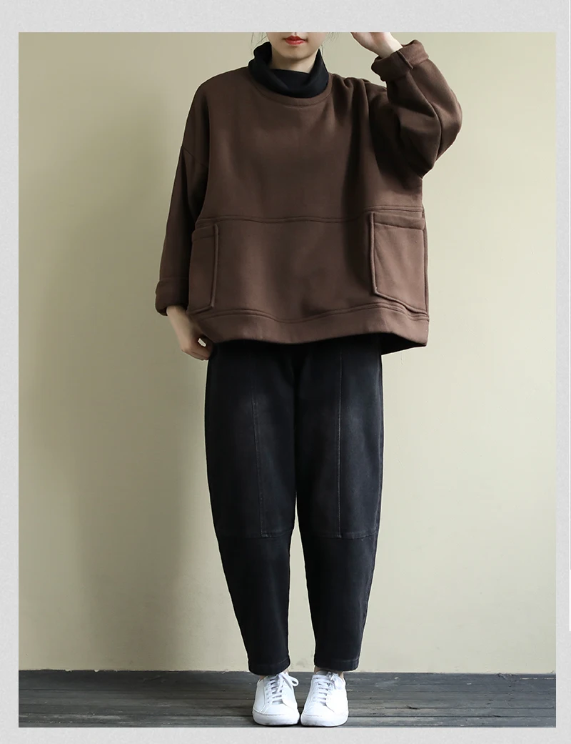 Autumn Winter Hoodies Women Loose Fleece Pullovers Retro Tops Turtleneck pocket Casual Ladies All-match Hoodies