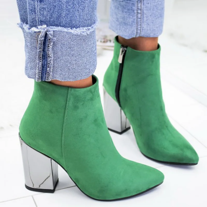 Botas aterciopeladas de punta estrecha para mujer, botines lisos, zapatos de tacón alto, color verde y rojo, para otoño e invierno, novedad de 2020