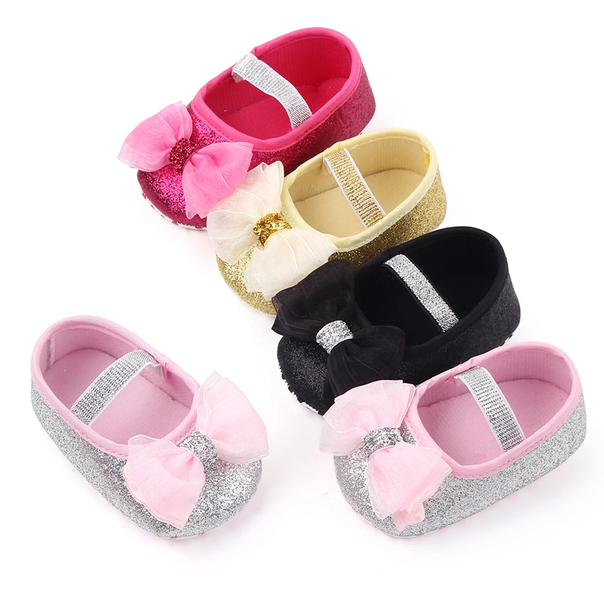 Zapatos de vestir de princesa para bebés recién nacidos, zapatillas planas con lazo brillante, antideslizantes, para primeros pasos, primavera, verano y otoño
