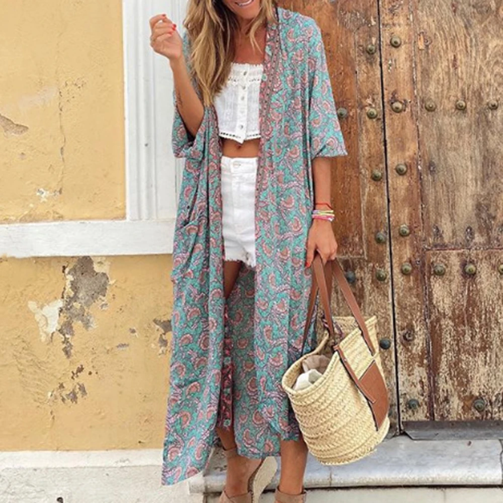 Женский Осенний трикотажный кардиган с рукавом три четверти свитер принтом