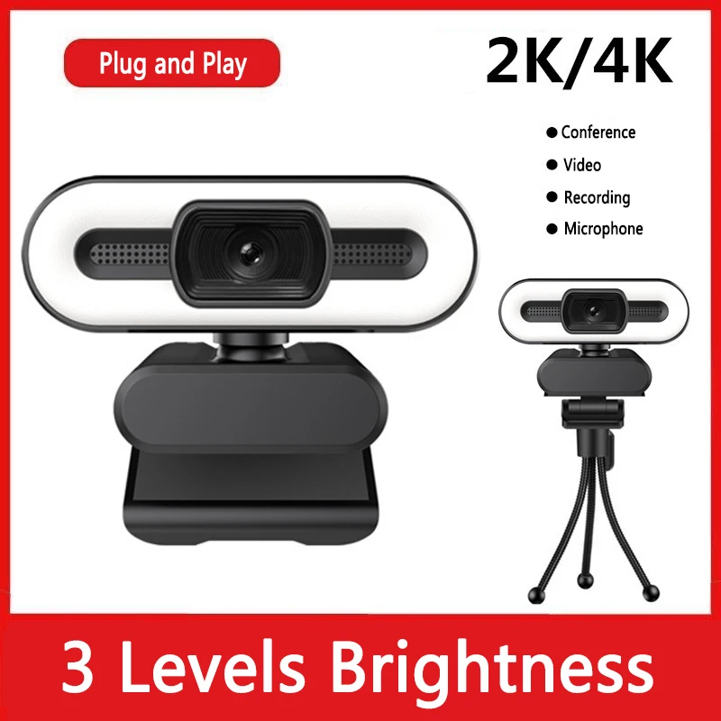 1080P 2K 4K HD Webcam with Fill Light Rotatable Laptop Web Camera PC Computer Camera With Microphone For Youtube Video Recording