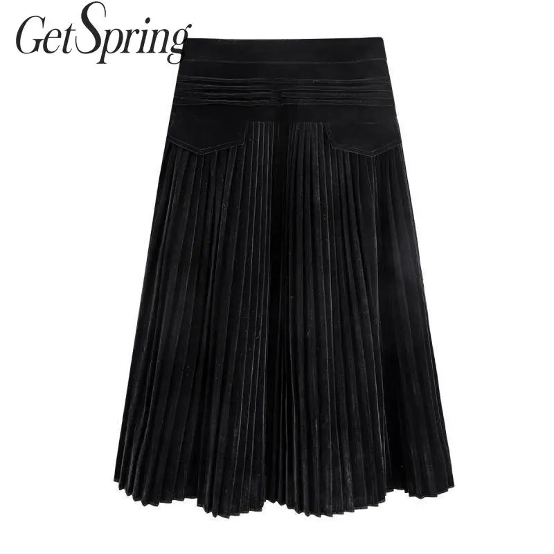 Z-ZOUX Женская юбка с высокой талией, длинная Плиссированная юбка с молнией сзади, велюровые черные юбки, Ретро стиль, универсальные длинные юбки для женщин, зимние