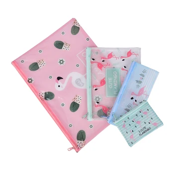 

PVC File Folder Cute Flamingo Bird Green Cactus A4 File Bag Mesh Bag Document Bag Stationery Filing Production