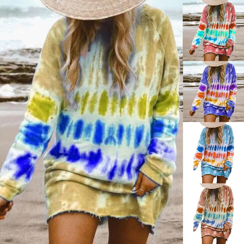 

hirigin New Casual Rainbow Tie Dye Print Sweatshirt Dress for Women Long Sleeve O-Neck Mini Dress Female Loose Straight Dress
